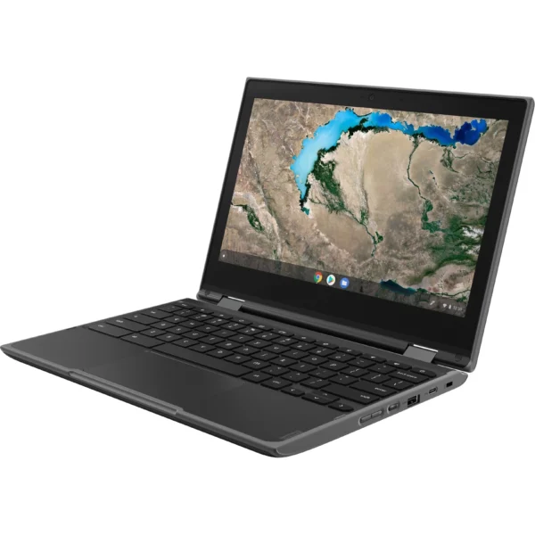 Refurbished Lenovo Chromebook 300e – Intel Celeron, 4GB RAM, 32GB storage, 11.5-inch HD touchscreen with 360° rotation, budget-friendly laptop.